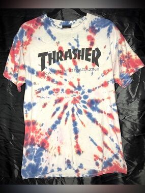 Thrasher White Tee with Red & Blue Spiral Tie-Dye